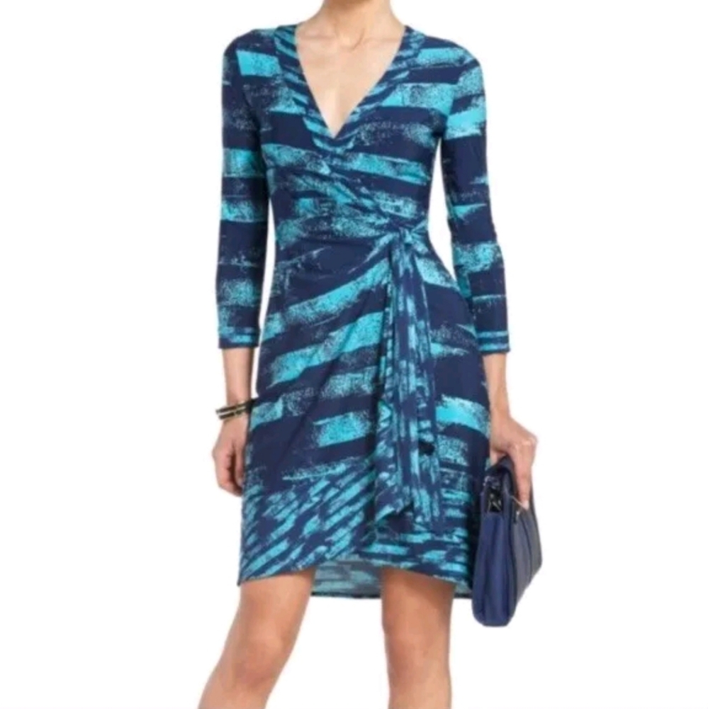 BCBGMaxAzria Navy and Teal Long-Sleeve Wrap Dress